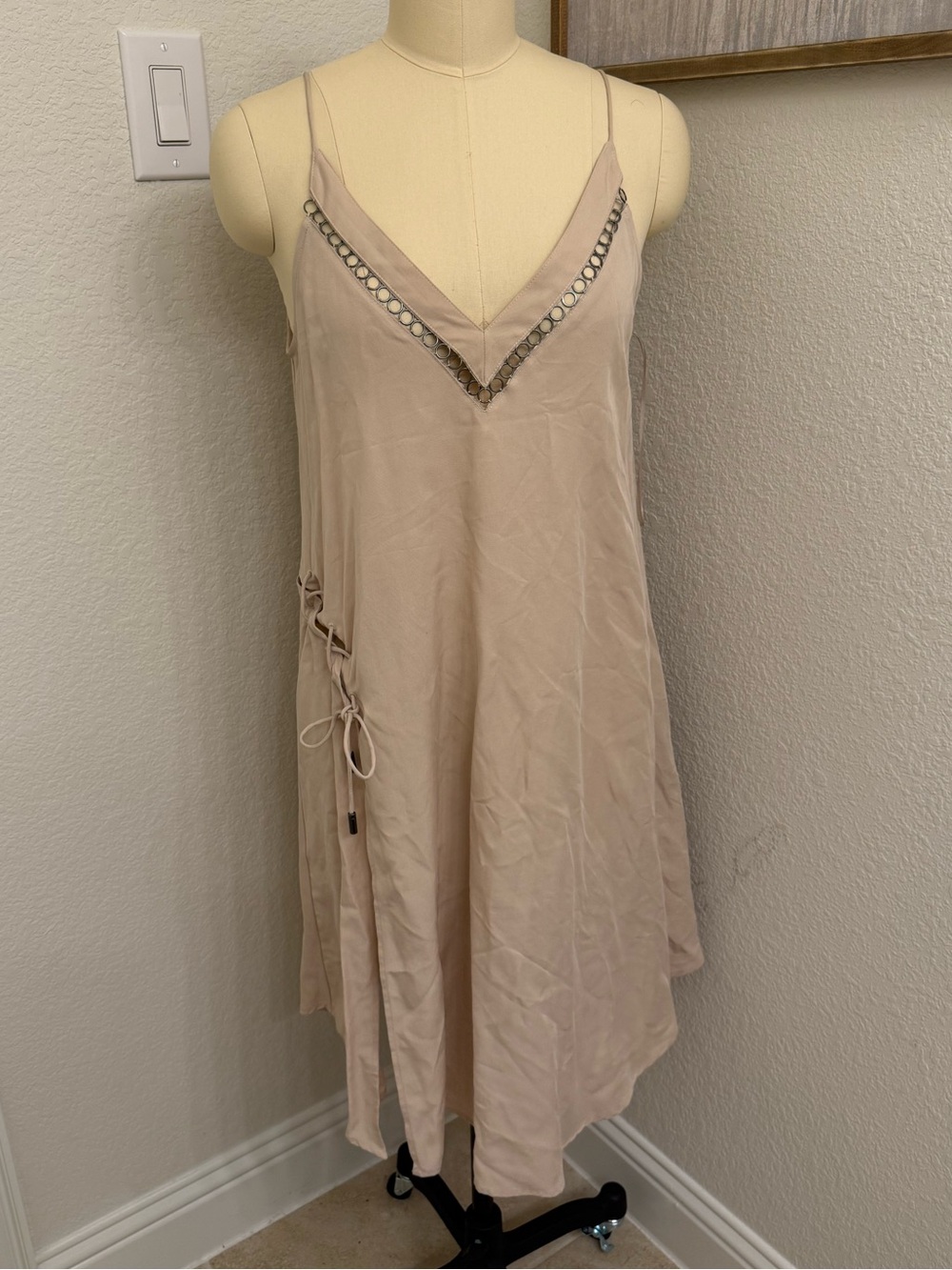 Free People Beige V-Neck Slip Dress with Ring Detail lace up slit sz S